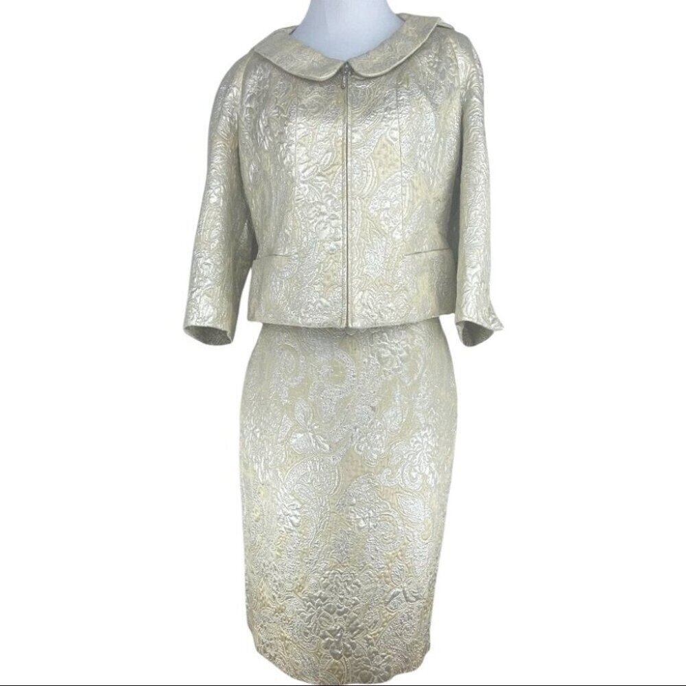 St. John Couture Women's Luxury Metallic Silk Blazer and Skirt Suit 10/C42/W30